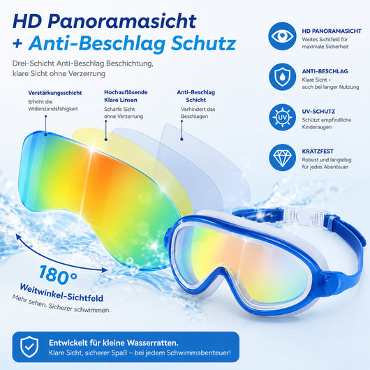 AquaBlick Kinder-Schwimmbrille | Beschlagfrei · Auslaufsicher · Kein Haareziehen