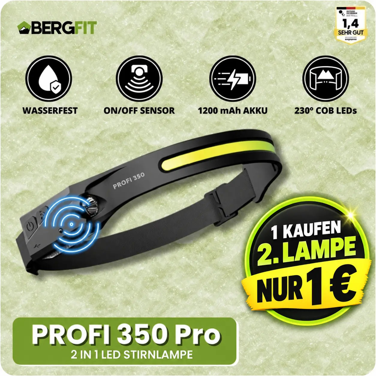 PROFI 350 – 2-in-1-LED-Stirnlampe | 1-€-Aktion